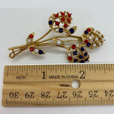 Lot 19R: Vintage Goldtone Brooches: Red, White, Blue: Wreath w/Rhinestone & Faux Pearls, Rhinestone Black Enamel Bow w/Faux Pearl $...