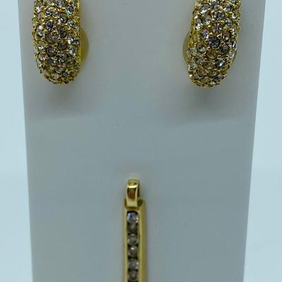 LOT 37C:  Christian Dior  Goldtone Clip-On Earrings & 14k Gold Pendant w/12 Diamonds, 2.3g.