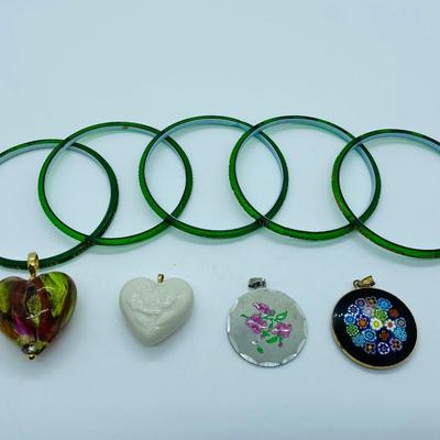 LOTJ: Vintage Citizen Diamond Cut Bangles w/Original Box, Glass Heart Pendant, Heart w/Rose Pendant, & 2 Rd. Floral Pendants