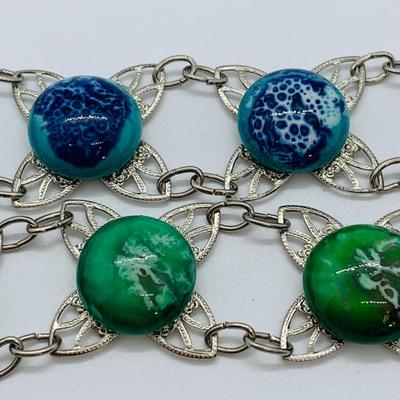 LOT 56R: Pair of Silvertone Bracelets with Green & Blue Ceramic Accents