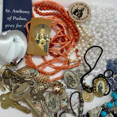 LOT 63R: Misc. Jewelry/Crafting: Religious  Pendants, Pins/Metals, Bracelets, Faux Pearls Etc.