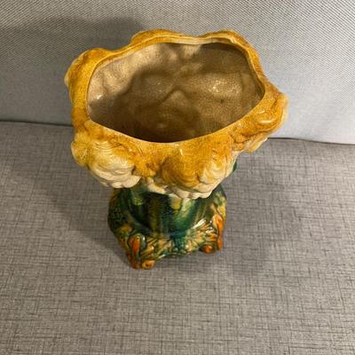 Footed Majolica Vase w/Cherubs