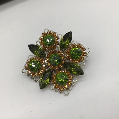 Vintage Green & AB Rhinestones Flower Silver  Tone Brooch