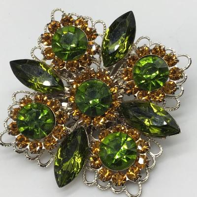 Vintage Green & AB Rhinestones Flower Silver  Tone Brooch