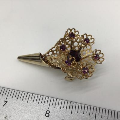 Vintage Flower Bouquet Purple Amethyst Rhinestone Gold Tone Brooch Pin