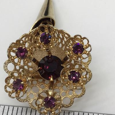 Vintage Flower Bouquet Purple Amethyst Rhinestone Gold Tone Brooch Pin