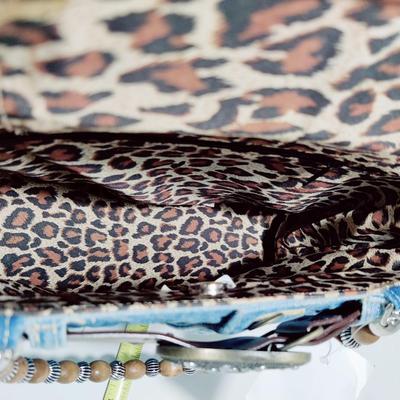 ADORABLE NWT DENIM JEAN BOOTY BAG PURSE W/ LEOPARD PRINT INTERIOR