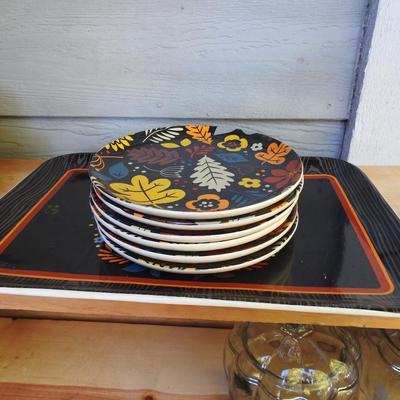Fall decor serving tray and dessert plates