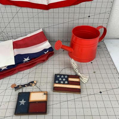 #76 American Flag, Watering Can & Decor