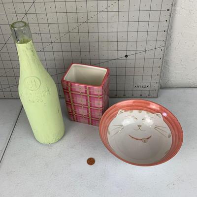 #180 Cat Bowl, Painted Bottle & Tin