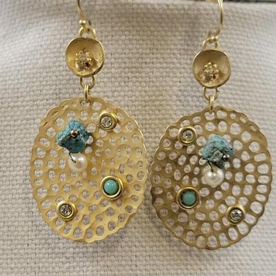 GOLD TONES & FAUX TURQUOISE DESIGNED EARRINGS