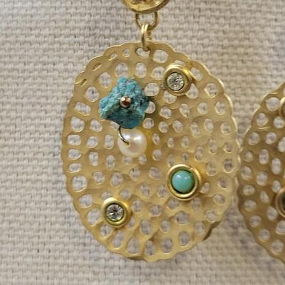 GOLD TONES & FAUX TURQUOISE DESIGNED EARRINGS