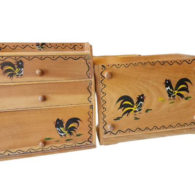 Wood Storage Left/Wood Bread Box Right w/Roosters