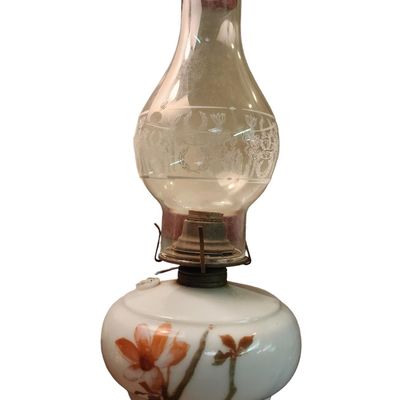 Vintage Oil Lamp White Glass Floral Design