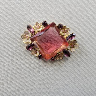 CZECHOSLOVAKIA BEAUTIFUL PINK & GOLD TONED VINTAGE BROOCH