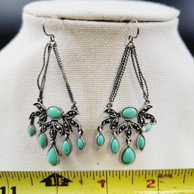 CUTE SILVER TONED & FAUX TURQUOISE DANGLE EARRINGS