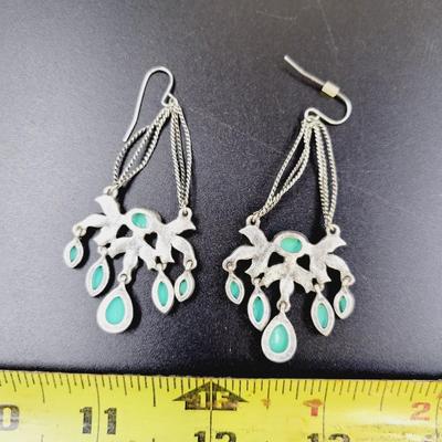 CUTE SILVER TONED & FAUX TURQUOISE DANGLE EARRINGS