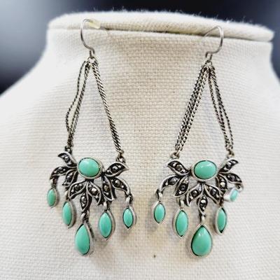 CUTE SILVER TONED & FAUX TURQUOISE DANGLE EARRINGS