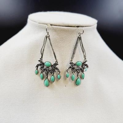 CUTE SILVER TONED & FAUX TURQUOISE DANGLE EARRINGS