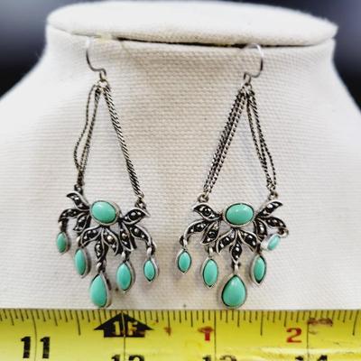CUTE SILVER TONED & FAUX TURQUOISE DANGLE EARRINGS