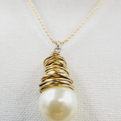 FAUX PEARL WRAPPED 750 SILVER GOLD TONED NECKLACE