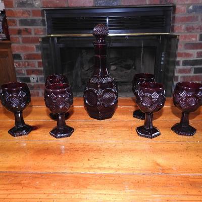 Avon Cape Cod ruby red wine decanter and glasses