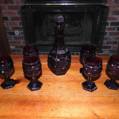Avon Cape Cod ruby red wine decanter and glasses
