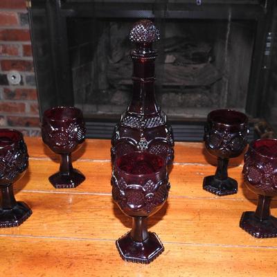 Avon ruby red decanter and wine glasses