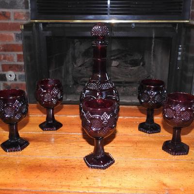 Avon ruby red decanter and wine glasses