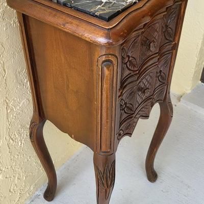 French Petite Chestnut Marble Top 2 Drawer Commode with ribbon carved molding and carved skirt