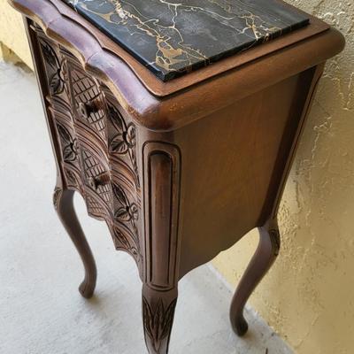 French Petite Chestnut Marble Top 2 Drawer Commode with ribbon carved molding and carved skirt