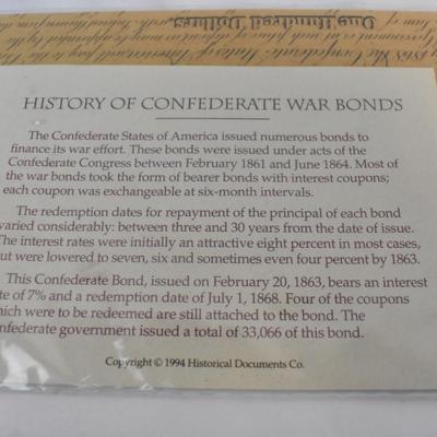 $100 Confederate War Bond 1863 Genuine Replica on Antiqued Parchment 1994 Print