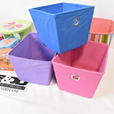 Kids Organization Lot: Small Baskets, Butterfly Stool, Gift Boxes