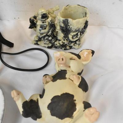 Assorted Decor, Solid Metal Lamp, Ceramic Pig, Heart Plate