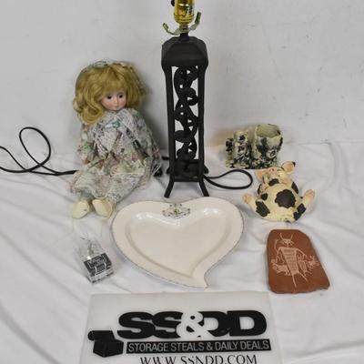 Assorted Decor, Solid Metal Lamp, Ceramic Pig, Heart Plate