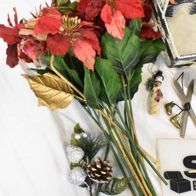 Assorted Christmas Decor, Large Faux Flowers, Potpourri, Ornaments