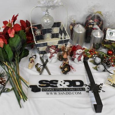 Assorted Christmas Decor, Large Faux Flowers, Potpourri, Ornaments