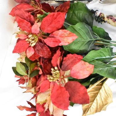 Assorted Christmas Decor, Large Faux Flowers, Potpourri, Ornaments
