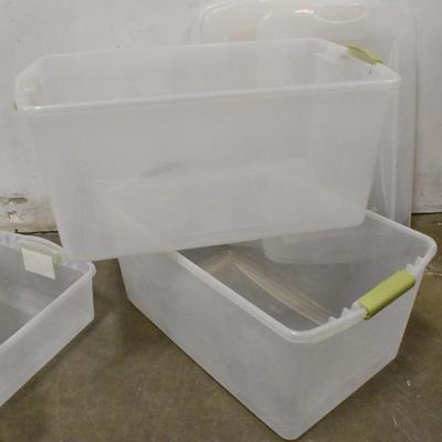 4 Clear Plastic Bins With Lids, 1 Handle Missing