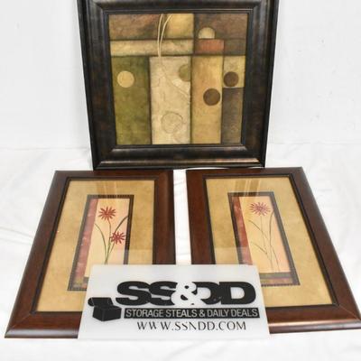 3 Piece Home Decor, Brown Wood Frames, Flowers, 16" Square Framed Painting