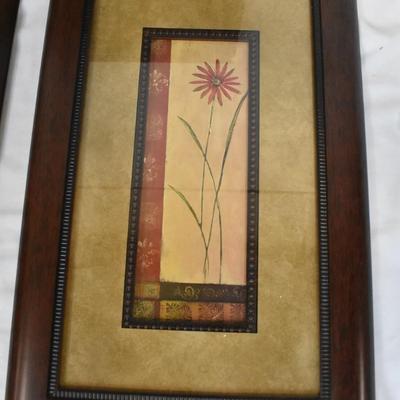 3 Piece Home Decor, Brown Wood Frames, Flowers, 16" Square Framed Painting