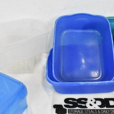 Lot of Small Plastic Bins, Assorted Sizes, Blue and White, With Lids
