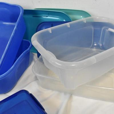 Lot of Small Plastic Bins, Assorted Sizes, Blue and White, With Lids