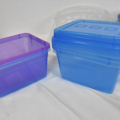 Lot of Small Plastic Bins, Assorted Sizes, Blue and White, With Lids