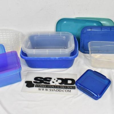 Lot of Small Plastic Bins, Assorted Sizes, Blue and White, With Lids