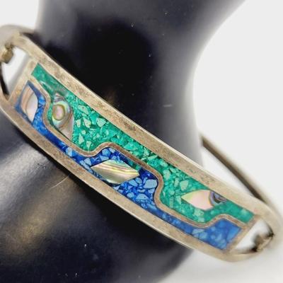 MEXICAN STERLING HINDGED INLAID TURQUOISE BRACELET