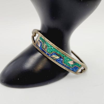 MEXICAN STERLING HINDGED INLAID TURQUOISE BRACELET