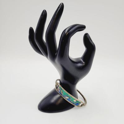 MEXICAN STERLING HINDGED INLAID TURQUOISE BRACELET
