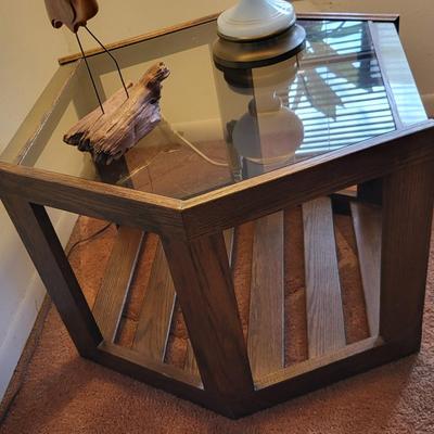 Wood End Table with Lamp and Carved Wood Bird