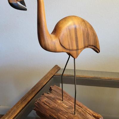 Wood End Table with Lamp and Carved Wood Bird